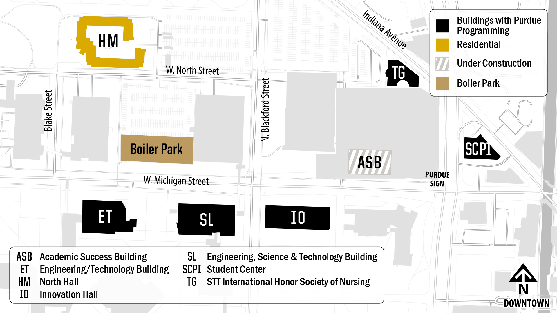 Purdue University in Indianapolis partial campus map showing Boiler Park location.