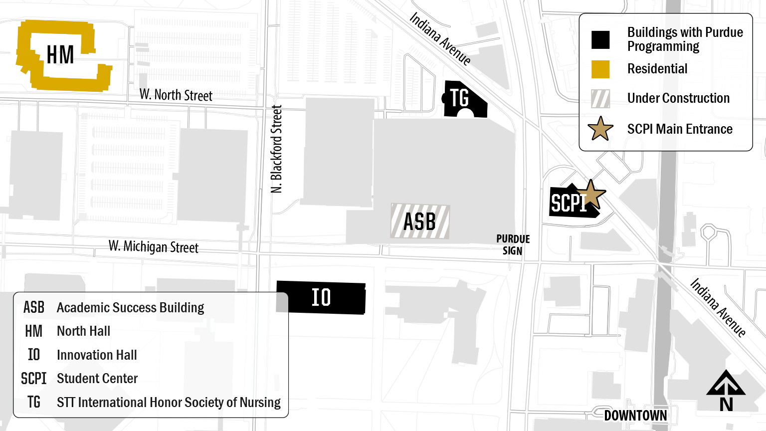 Purdue University in Indianapolis Student Center (SCPI) map showing the main entrance (northeast).
