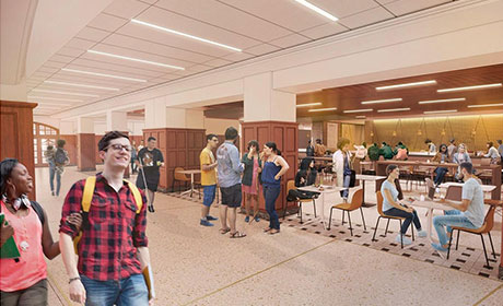 Rendering of students enjoying dining spaces